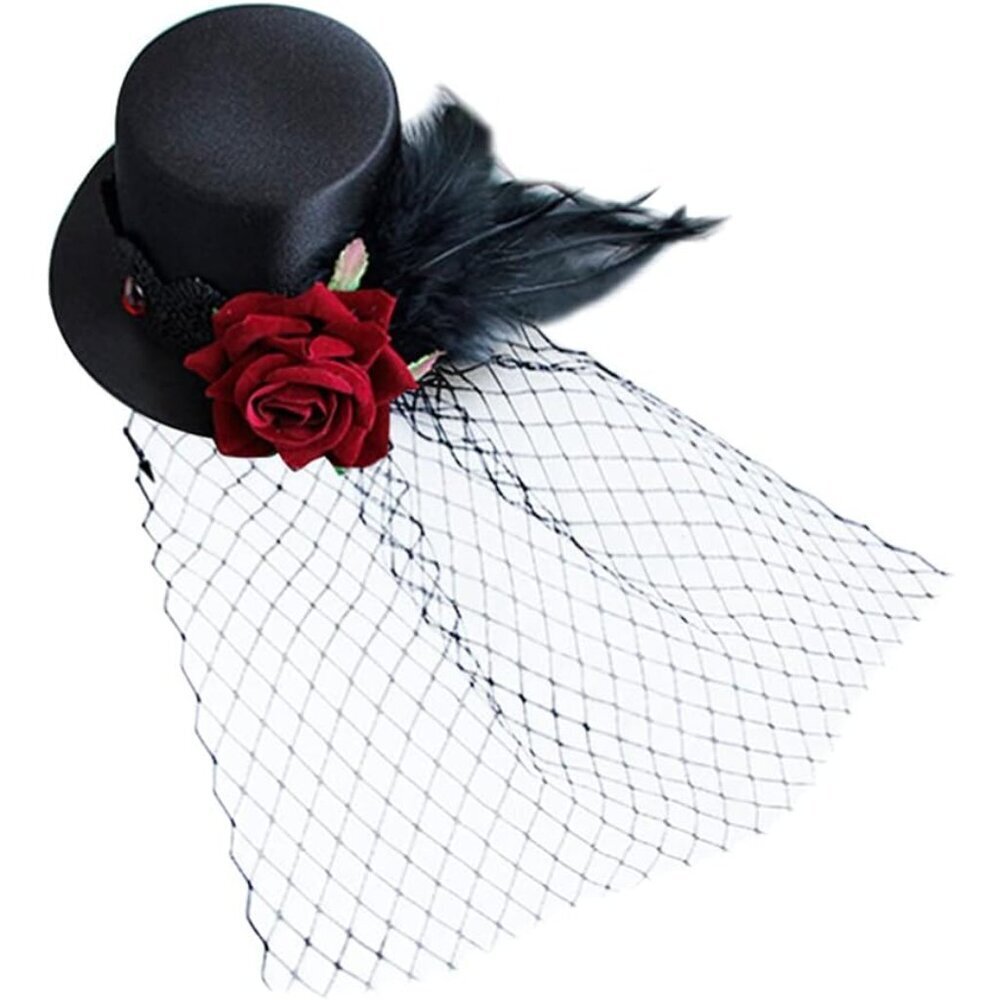 1920s Fascinator Hat Mini Tea Party Headband for Women Black Satin Mesh Veil